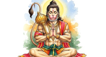 Fototapeta premium Illustration depicting Hanuman in meditation pose with watercolor background