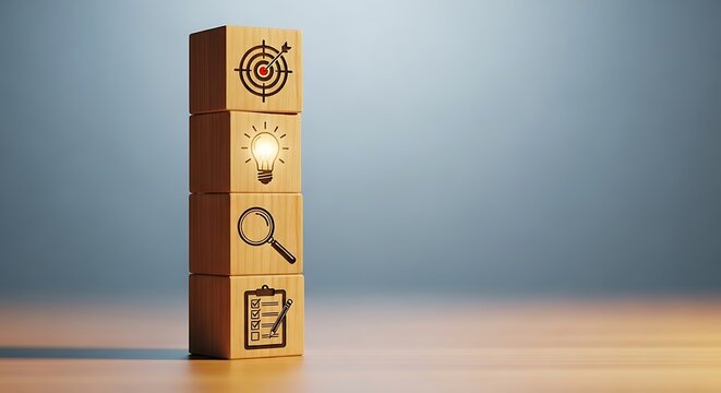 Strategic planning unfolds with target, idea, research, and checklist icons on wooden blocks, driving business success. - Powered by Adobe