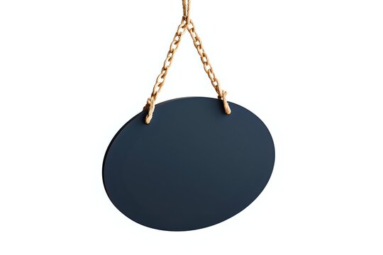 Blank oval navy blue signboard hanging on golden chain, isolated on white background for mockup or design template use.