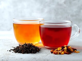 Two glass cups of black and herbal tea with loose tea leaves on light background, showcasing contrast between brewed varieties.