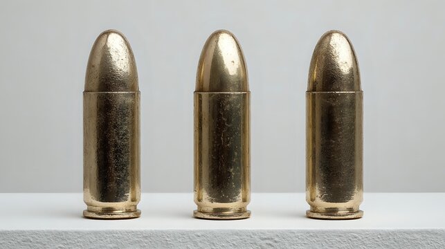 Three golden bullets arranged in a row on white surface against neutral gray background, showcasing metallic ammunition details for defense, military, or security concepts.