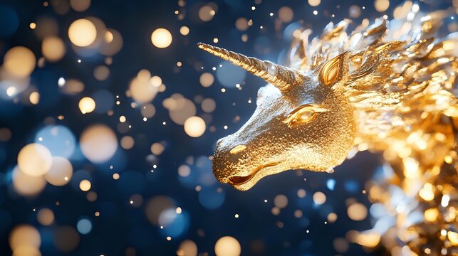 Magical golden unicorn figurine with sparkling mane against dark blue bokeh background, creating fantasy atmosphere for holiday decor.