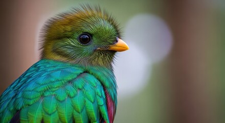 Close-up of a Golden-headed Quetzal, shimmering feathers, 600mm DOF, soft cinematic light