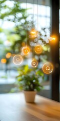 Fototapeta premium Glowing smart home icons suspended against blurred natural background with potted plant, representing connected living technology.