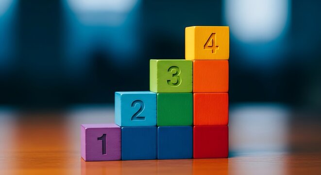 Colorful numbered blocks stacking upwards symbolize progress, growth, and achieving goals in business or education