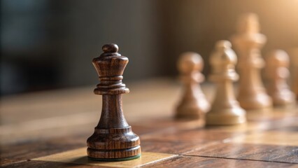 A stately dark wooden chess queen piece stands on a wooden chessboard with other blurred pieces in the background