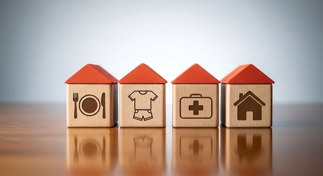 Wooden blocks symbolizing essential needs like food, clothing, health, and shelter create a visual metaphor for security and well-being