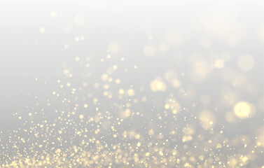 Obraz premium Glowing golden bokeh sparkles shine over soft luminous lights. Tiny glitter dust floats gently. Elegant overlay for festive luxury designs. PNG