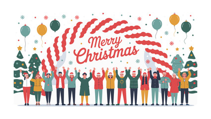 Holiday cheer for Christmas Celebration: joyful gathering, people with arms raised in unison, festive season, Christmas time. The scene encapsulates the joy of Christmas.