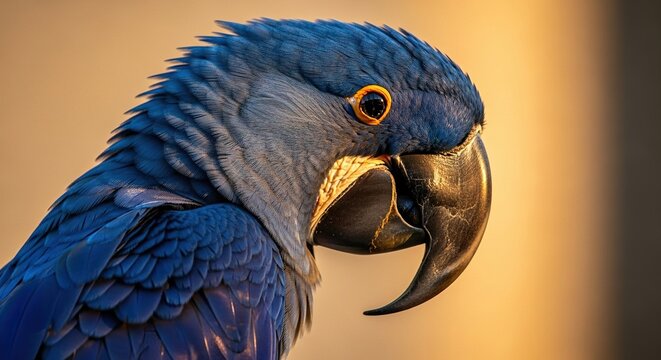 Close-up of a Hyacinth Macaw under warm rim light, deep cobalt feathers, 600mm DOF softness, painterly aesthetic