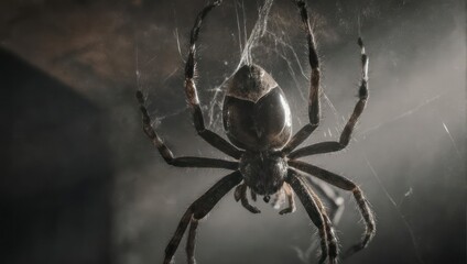 A large arachnid suspended in its web in a dark environment.