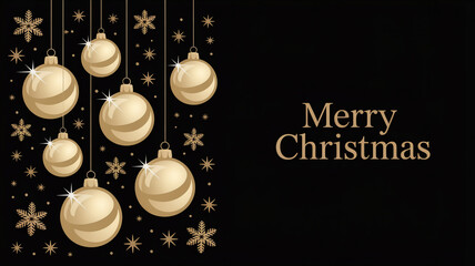 Elegant merry christmas greeting with golden baubles and snowflakes on black background