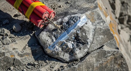 Close-up of dynamite bundle near a rock formation with crystalline structure, wrapped in foil. The scene suggests mining or geological exploration. Focus on explosive material and mineral details