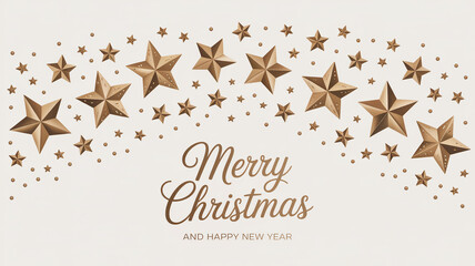 Festive merry christmas message with golden stars and confetti on a light background