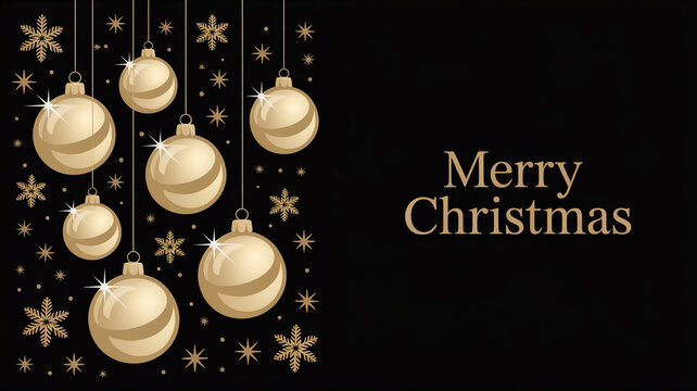 Elegant merry christmas greeting with golden baubles and snowflakes on black background