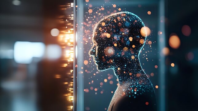 Digital silhouette of human head with glowing particles and network connections representing artificial intelligence, machine learning, and neural networks.