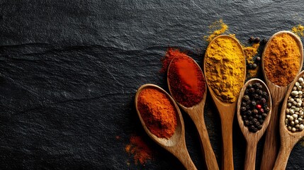 Wooden spoons with colorful spices and peppercorns arranged on black slate background for food photography and culinary design.