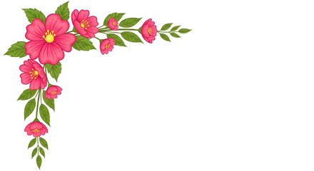 Obraz premium Pink flower corner with green leaves, decorative floral frame element, vector illustration isolated on white background. 