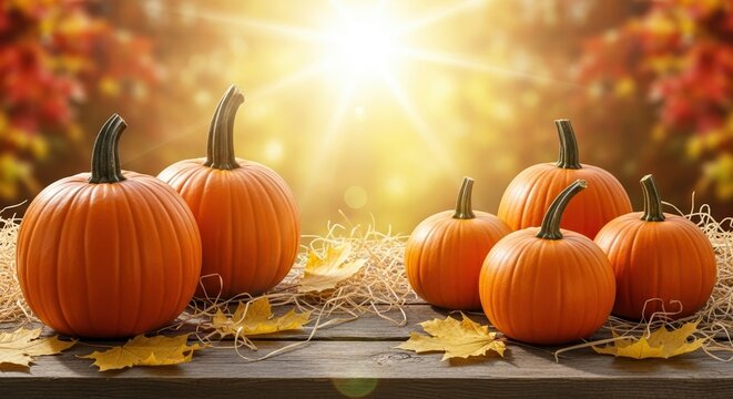 Arrangement of orange pumpkins on a rustic wooden table with bright autumn sunlight and bokeh background.