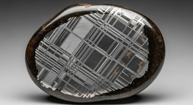 A polished, oval-shaped object reveals a complex metallic pattern on its central surface, encased within a dark, textured border. The cross-hatched design suggests a crystalline structure