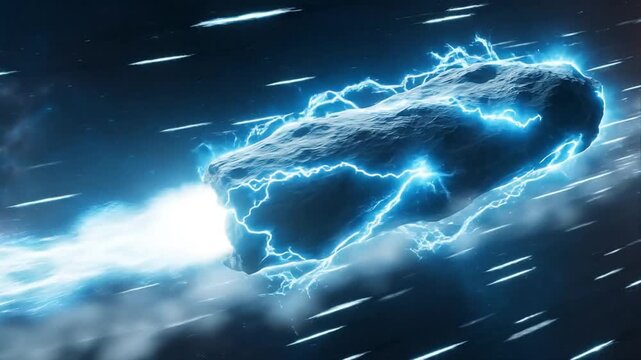 interstellar comet 3i/atlas, asteroid with blue light in a dark space background with stars and nebula clouds  