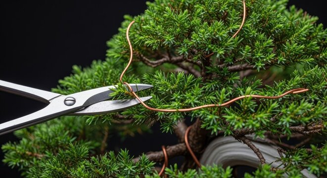 Close-up of bonsai tree being trimmed with shears. Copper wire guides the branches. Dark background emphasizes the detailed work