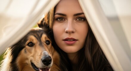A woman gazes serenely, framed by flowing fabric, her companion, a dog, nestled close. Warm light bathes their faces. A loving connection radiates through the shot