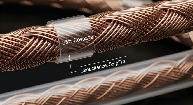 Macro shot of a braided copper cable, showcasing close-up details. A translucent overlay provides technical specifications. Highlighting coverage and capacitance