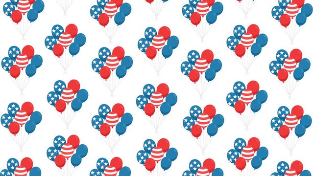 Animated looping pattern of red, white, and blue balloons inspired by the American flag. Perfect for Independence Day, Memorial Day, patriotic celebrations, festive promos, and U.S. holiday projects