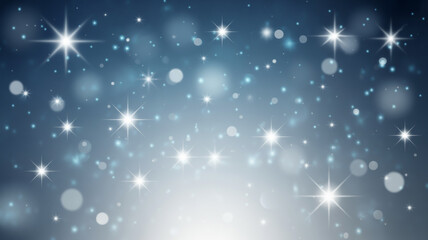 Sparkling blue and white bokeh lights on a dark background, festive abstract