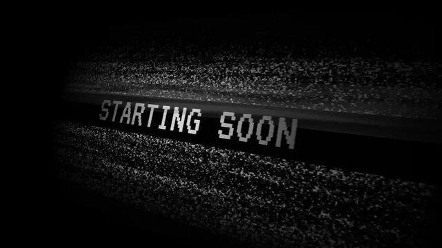 Starting soon announcement on a flickering tv screen suitable for livestreams, events, countdowns, or online presentations. Exciting anticipation.