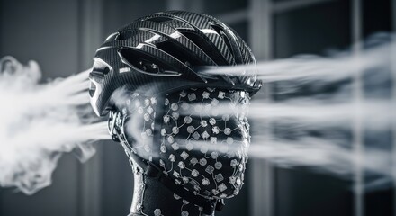 A test of a sleek, dark-colored cycling helmet in a wind tunnel. Sensors cover a mannequin's face. Vapor reveals airflow patterns. The overall scene is modern and technologically focused