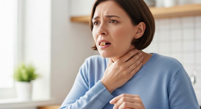 Woman suffering from sore throat pain while attempting to swallow a pill or capsule medication