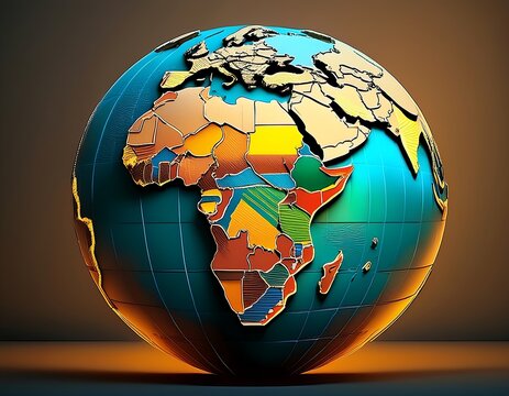Stylized 3D Earth globe with vibrant national borders, representing global interconnectedness, digital cartography, and international cooperation on a warm gradient background