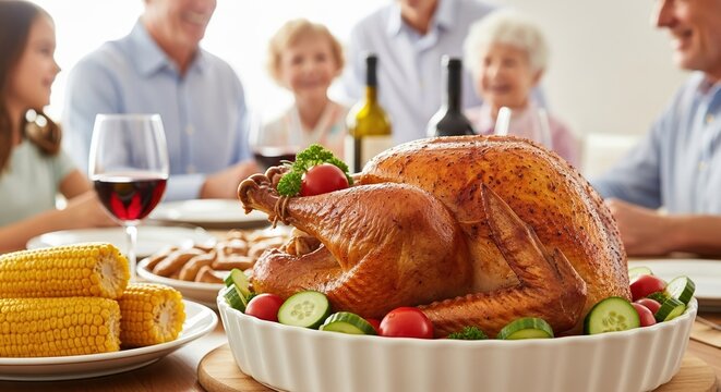 Traditional roasted holiday turkey centerpiece on a dinner table surrounded by a smiling family.