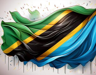 Vibrant and Dynamic Illustration of the Tanzanian Flag Waving with Festive Confetti, Symbolizing National Pride and Celebration