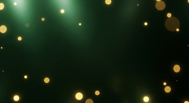 Abstract green background with glowing golden bokeh lights and light rays - Powered by Adobe