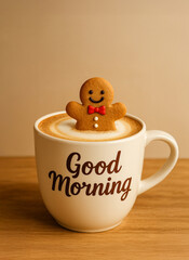 Cute gingerbread man in a cappuccino cup with “Good Morning” text. Cozy holiday coffee scene in warm tones. Perfect for Christmas, winter greetings and festive lifestyle designs.