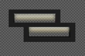 Black bookshelf with offset shelves and built-in lighting. Modern 3D design for books and presentations on a transparent background. Isolated light. Vector illustration.