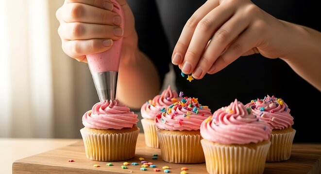 Delicate touch: icing cupcakes with pastel perfection and sprinkle symphony a sweet culinary canvas for home baking