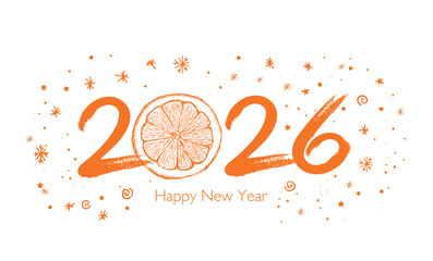New Year 2026 card on white, postcard, hand drawn illustration.	
