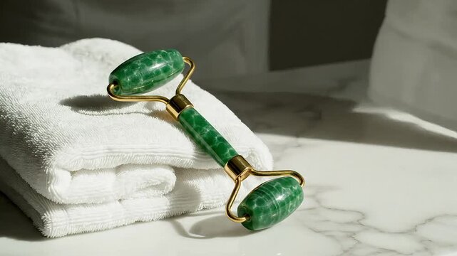 Luxurious jade facial roller resting on soft white towels, promoting self-care and beauty rituals.