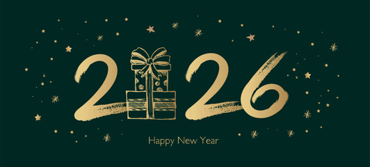 Happy New Year 2026 Greeting Card with Golden Brush Strokes	
