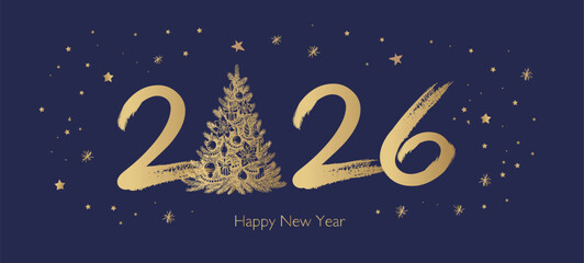 Happy New Year 2026 Greeting Card with Golden Brush Strokes	
