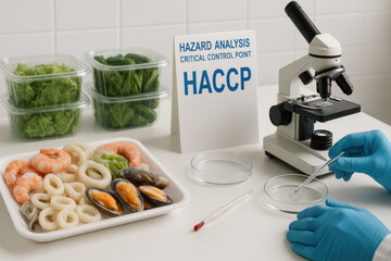 Serious laboratory food safety inspection with microscope for haccp certification. Analysis of seafood and vegetable product ensures quality control and consumer protection