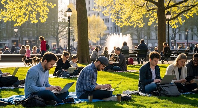 People working on laptops in a sunny park setting.