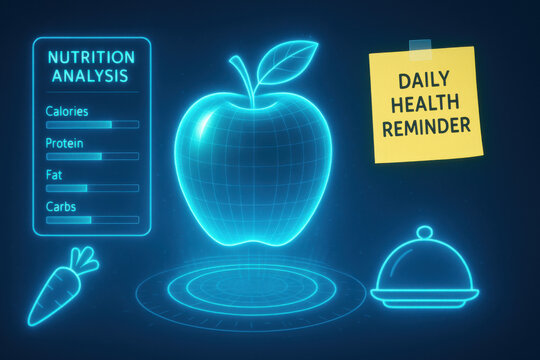 Glowing nutrition analysis hologram with bright apple centerpiece. motivational daily health reminder for diet planning using modern futuristic technology for wellness - Powered by Adobe
