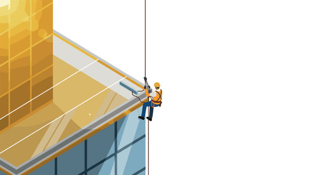 Isometric window cleaner on skyscraper with safety gear and equipment