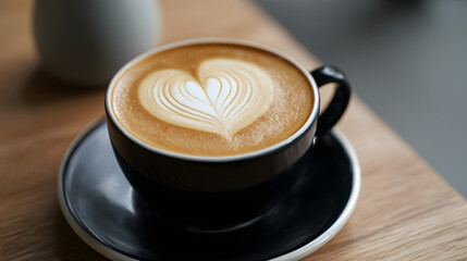 Latte with heart-shaped foam design in black cup at modern caf?