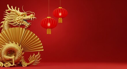 Golden chinese dragon, lanterns, fan, festive red new year theme
